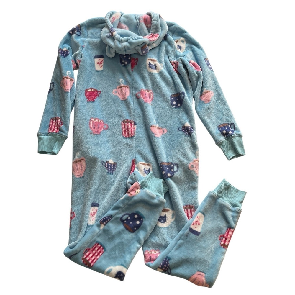 Munki Munki Women's Size L One Piece Pajama Light Blue Coffee Tassle Hood - Picture 2 of 10